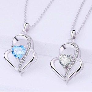 Elegant 925 sterling silver heart pendant necklaces with blue and white gemstones