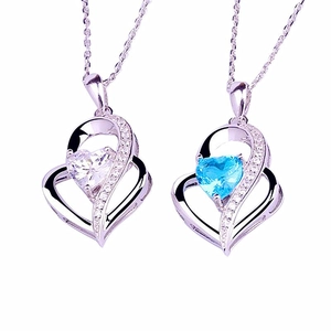 925 Sterling Silver Heart Pendant Necklace For Women Blue White Rhinestone Inlaid Romantic Korean Style Clavicle Chain Jewelry Gift