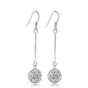 S925 Sterling Silver Shamballa Dangle Earrings For Women Long Tassel Round Pave Rhinestone Ball Drop Earrings Jewelry
