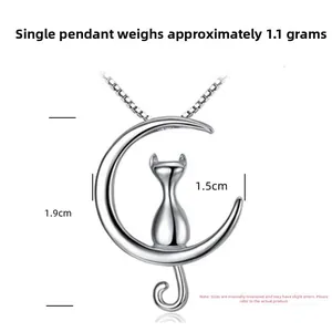 Detailed dimensions of S925 silver moon cat pendant necklace showing exact measurements