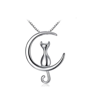 S925 sterling silver moon and cat pendant necklace with elegant cross chain for women