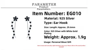 Detail of S925 silver ear hooks with black cubic zirconia and 29.6mm length measurement