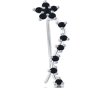 Detail of S925 sterling silver ear crawler featuring elegant black zircon stones