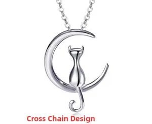 Detail view of S925 sterling silver moon cat pendant with a delicate cross chain