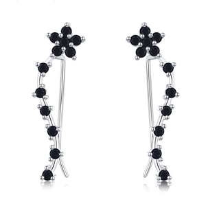 S925 sterling silver ear crawlers with black zircon stars and curved tassel design