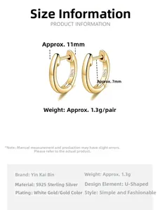 Detail showing S925 sterling silver U-shaped hoop earrings in gold and platinum finishes