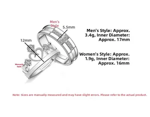 Detail of S925 sterling silver crown couple rings with dimensions and weight specs
