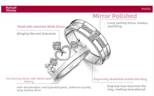Detailed macro of S925 sterling silver crown couple rings with inlaid white zircon