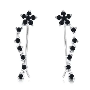 925 Sterling Silver Black Zircon Flower Ear Climber Earrings Minimalist Curved Vine Crawler Earrings For Women Fashion Jewelry