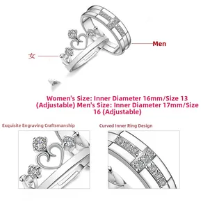 Macro detail of S925 sterling silver crown couple rings with adjustable opening size
