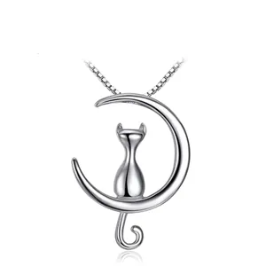 Luxury S925 Sterling Silver Cat On Moon Pendant Necklace For Women Elegant Animal Rhinestone Jewelry Birthday Anniversary Gift