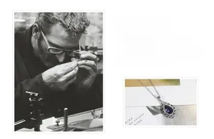 Macro detail of pear-shaped amethyst pendant with silver prong setting and diamond halo