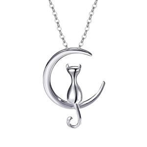Elegant S925 sterling silver necklace featuring a cat silhouette sitting on a crescent moon