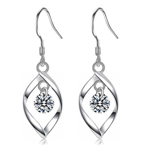 Detail of S925 sterling silver twisted leaf earrings with hanging round zircon stones