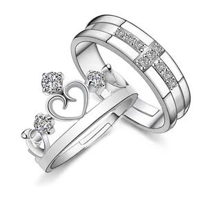 S925 Sterling Silver Crown Couple Rings Fashion Zirconia Inlaid Adjustable Open Rings White Gold Plated Jewelry For Lovers Gift