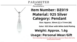 Détail du collier goutte en argent S925 avec pierre oeil de chat et dimensions précises