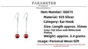 Detail view of 925 silver long drop earrings with red agate beads and 55mm chain