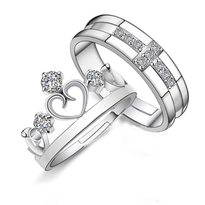 S925 sterling silver crown couple rings set with heart-shaped diamonds and silver plating