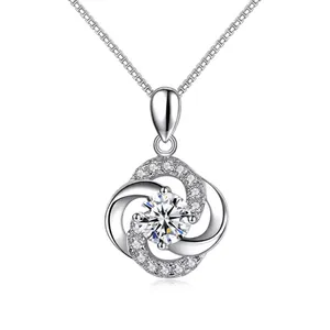 925 Sterling Silver Swirl Four Leaf Clover Pendant Necklace With Rhinestones Fashion Swirling Flower Neck Jewelry For Women