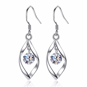 S925 sterling silver twist leaf drop earrings with round cubic zirconia stones