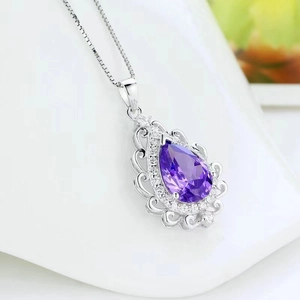 S925 sterling silver necklace with pear-shaped purple amethyst and filigree pendant