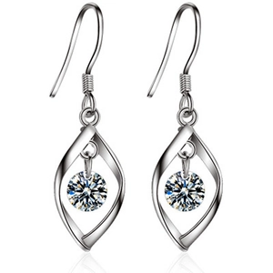 S925 sterling silver twist drop earrings with sparkling cubic zirconia on white background