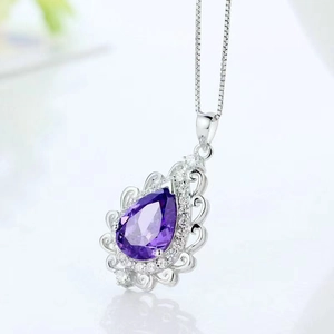 S925 sterling silver necklace with pear-shaped purple amethyst pendant and fine link chain