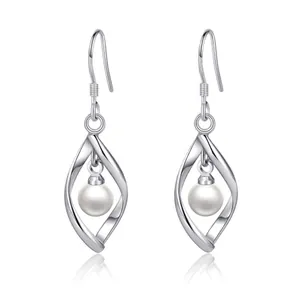 Artificial Pearl Drop Earrings 925 Sterling Silver Twisted Hollow Geometric Leaf Shape Elegant Hook Jewelry For Women