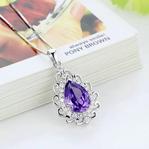 S925 sterling silver necklace featuring a pear-cut purple amethyst pendant with halo crystals