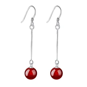 925 Sterling Silver Red Agate Drop Earrings For Women Long Tassel Geometric Teardrop Ear Hook Jewelry Accessories Retro Style
