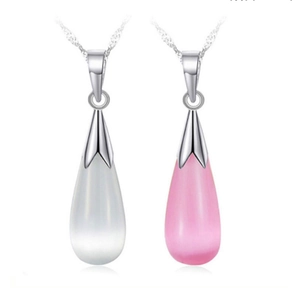 Détails de pendentifs œil de chat blancs et roses en forme de goutte avec monture fleur argent