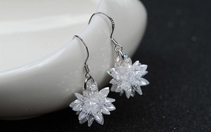 Detail shot of S925 sterling silver stamp on crystal flower drop earrings for women