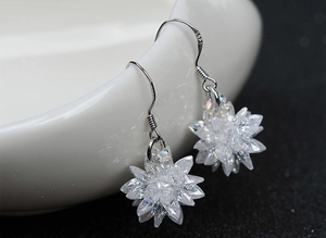 Macro view of S925 sterling silver stamp on flower cluster crystal drop earrings