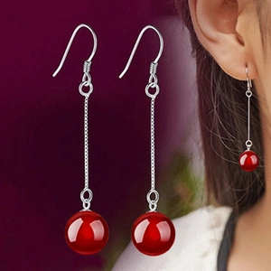 S925 sterling silver earrings with long tassels and red agate beads for women
