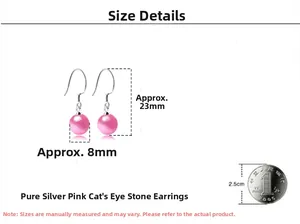 Detailed dimension guide for pink cat eye stone drop earrings in 925 sterling silver