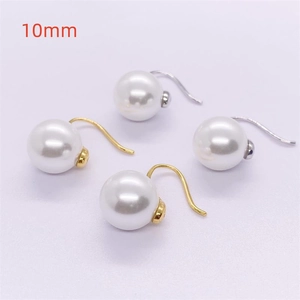 Detail view of 10mm white shell pearl earrings with S925 silver hooks in gold and silver