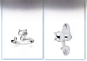 Detail view of a polished S925 sterling silver cat open ring with minimalist style