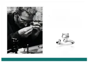 Detailed view of cute S925 sterling silver cat open ring with sleek minimalist design