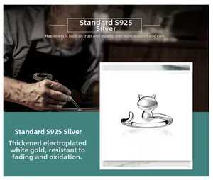 Detail of S925 sterling silver cat ring featuring thick platinum plating for durability