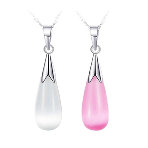 Collier élégant en argent S925 avec pendentifs goutte en pierre œil de chat rose et blanc
