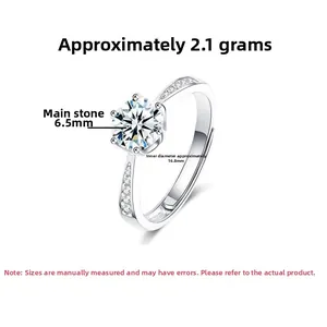 Detail view of 6-prong silver ring setting with dimensions and 6.5mm stone measurements