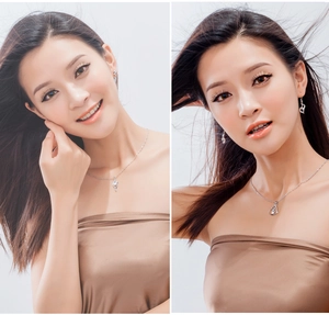 Detail of S925 sterling silver heart jewelry set with necklace and matching earrings