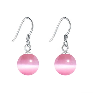 Minimalist S925 sterling silver drop earrings with round pink cat eye stone beads