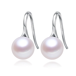 Elegant S925 silver hook earrings with round white shell pearls on white background