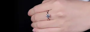 Close-up of classic six-prong S925 silver ring featuring a round solitaire gemstone