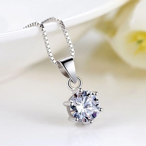 Classic S925 sterling silver six-prong crown pendant necklace with clear cubic zirconia