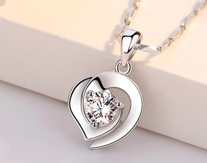 Detailed view of S925 silver double heart necklace with a sparkling round zircon stone