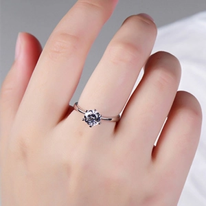 Classic six-prong round cut solitaire engagement ring in 925 sterling silver on finger