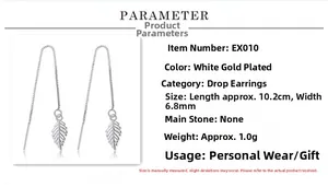 Detail showing long S925 silver thread earrings with leaf tassels and dimensions