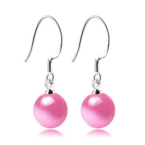 Minimalist S925 sterling silver drop earrings with pink cat eye stones on white background